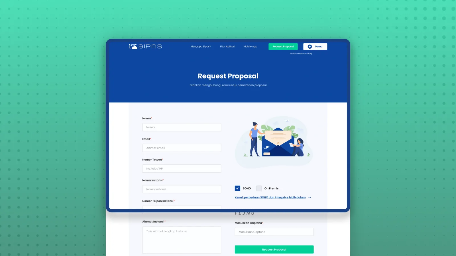 Halaman permintaan proposal dengan formulir data lembaga, pilihan paket SOHO atau On Premis, dan kolom captcha