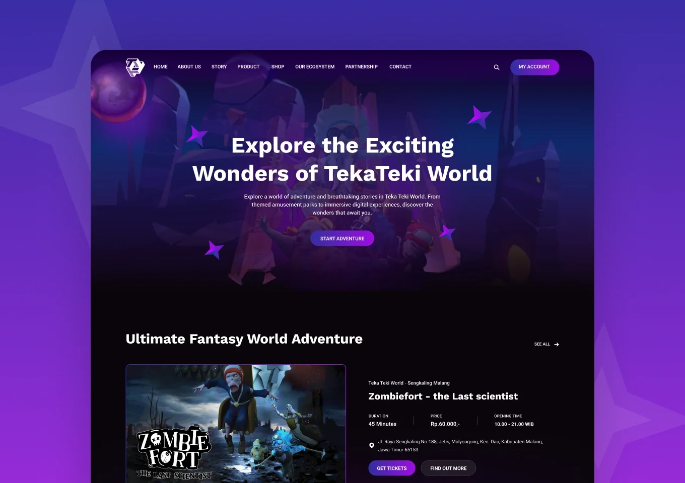 Beranda situs TekaTeki World dengan hero dunia fantasi dan kartu wahana Zombiefort di bawahnya