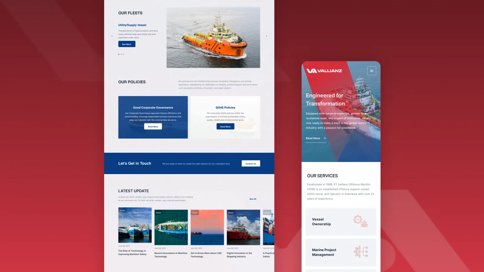 Bagian armada dengan carousel jenis kapal, dua kartu kebijakan tata kelola dan QHSE, serta kabar terbaru, dengan tampilan versi ponsel di sebelahnya