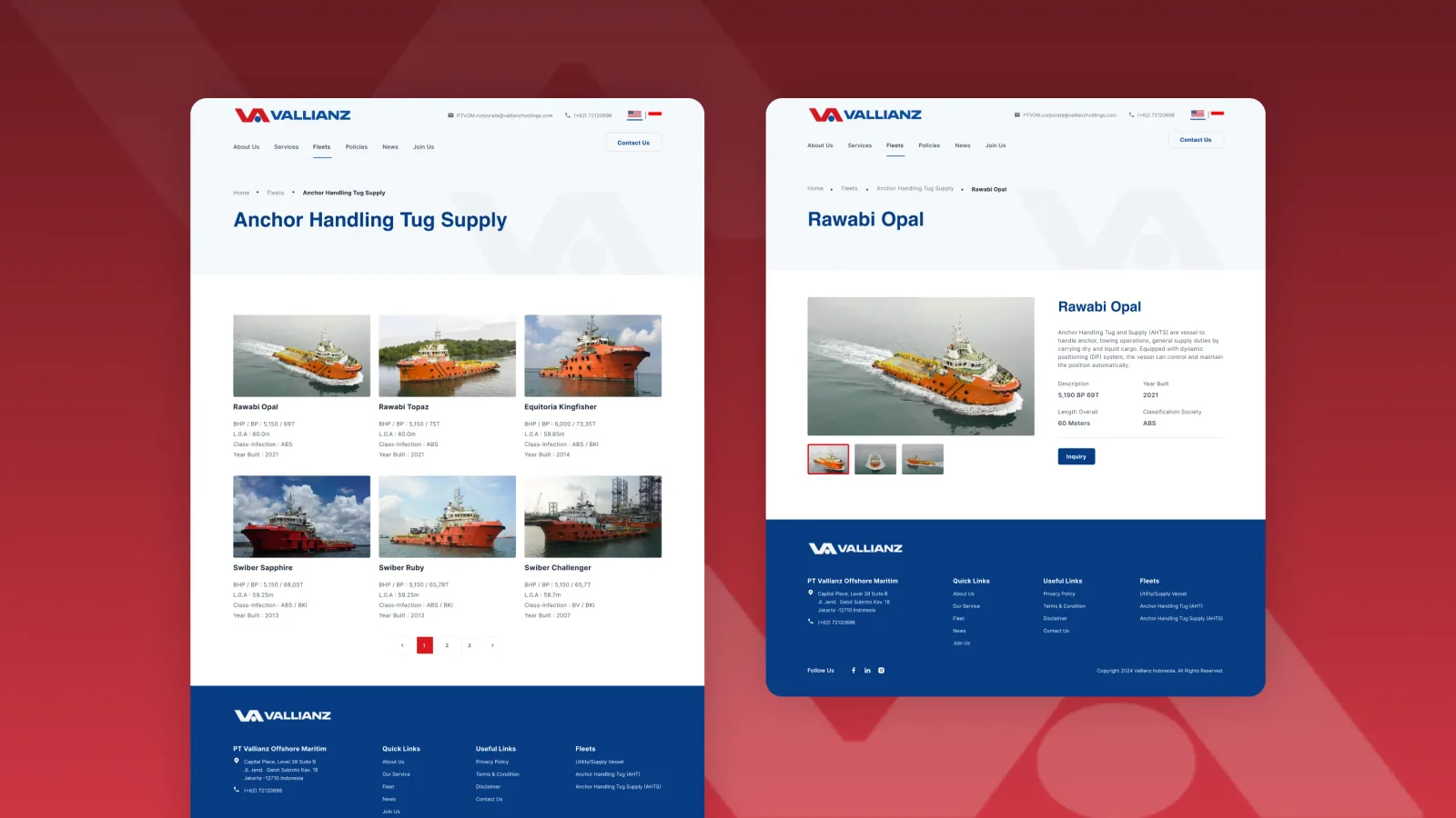 Halaman daftar kapal Anchor Handling Tug Supply dengan spesifikasi ringkas per kartu dan paginasi, di sebelahnya halaman detail kapal beserta tabel spesifikasi dan tombol permintaan