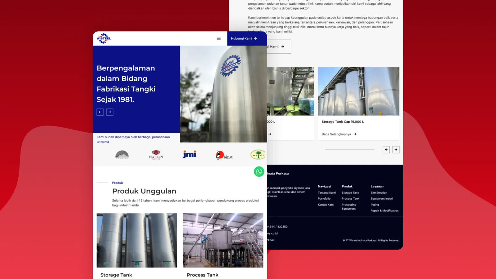 Beranda dengan hero terbagi dua, baris logo pelanggan di bawahnya, dan kartu produk unggulan, di sebelahnya kartu tangki bertulis kapasitas beserta footer situs