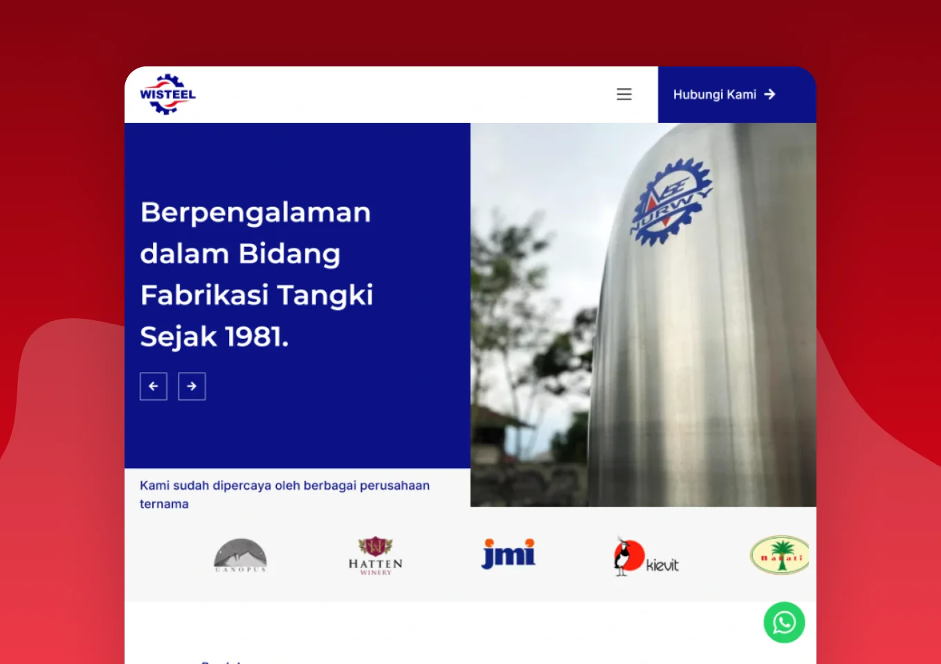 Beranda situs Wisteel dengan hero fabrikasi tangki dan baris logo perusahaan pelanggan