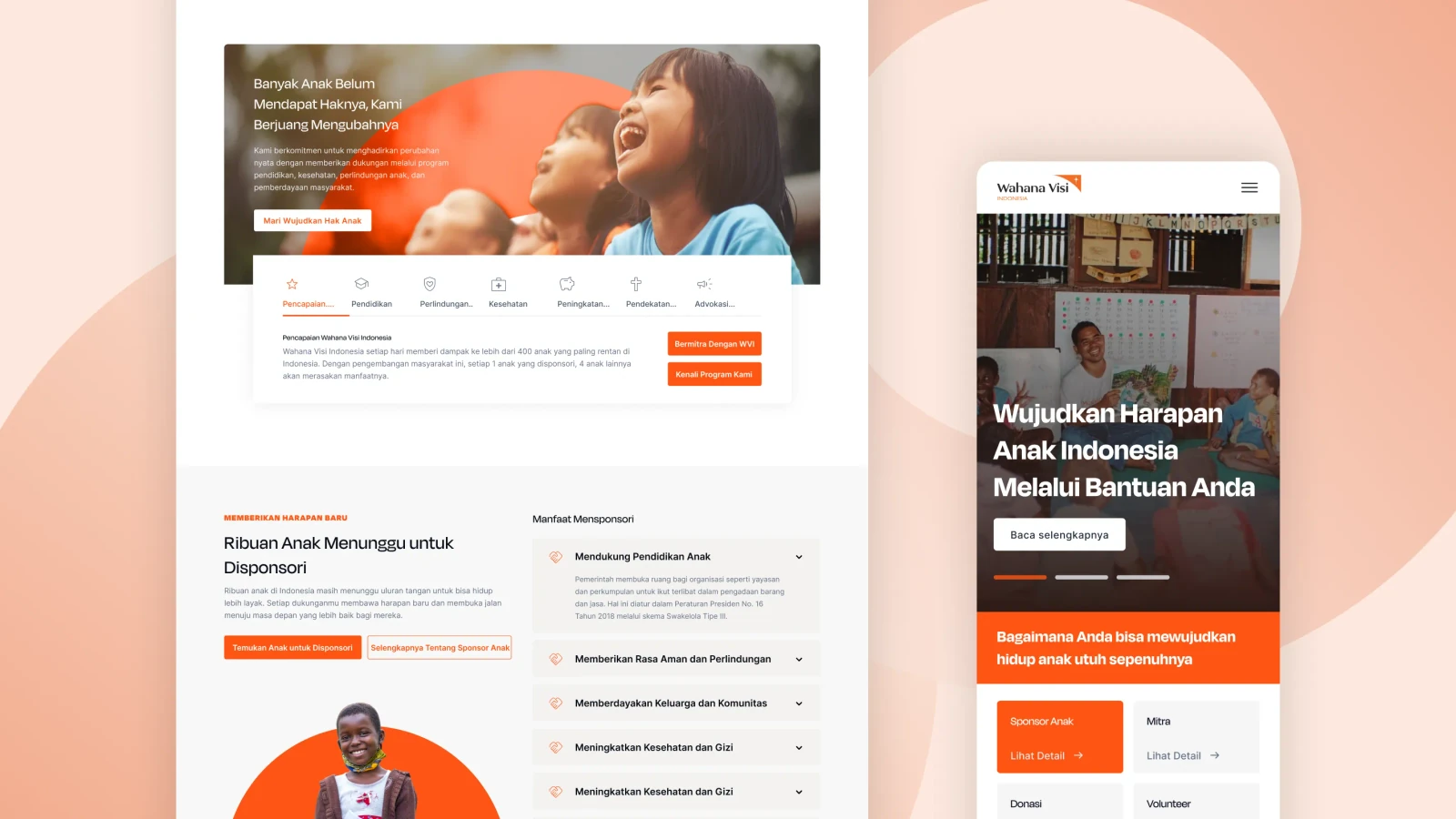 Beranda Wahana Visi Indonesia dengan tab program dan section ajakan sponsor anak, beserta tampilan versi ponsel