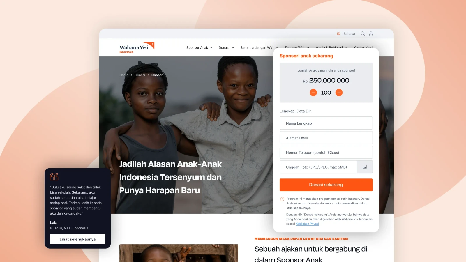 Halaman donasi Wahana Visi Indonesia dengan formulir sponsor anak dan kutipan penerima manfaat