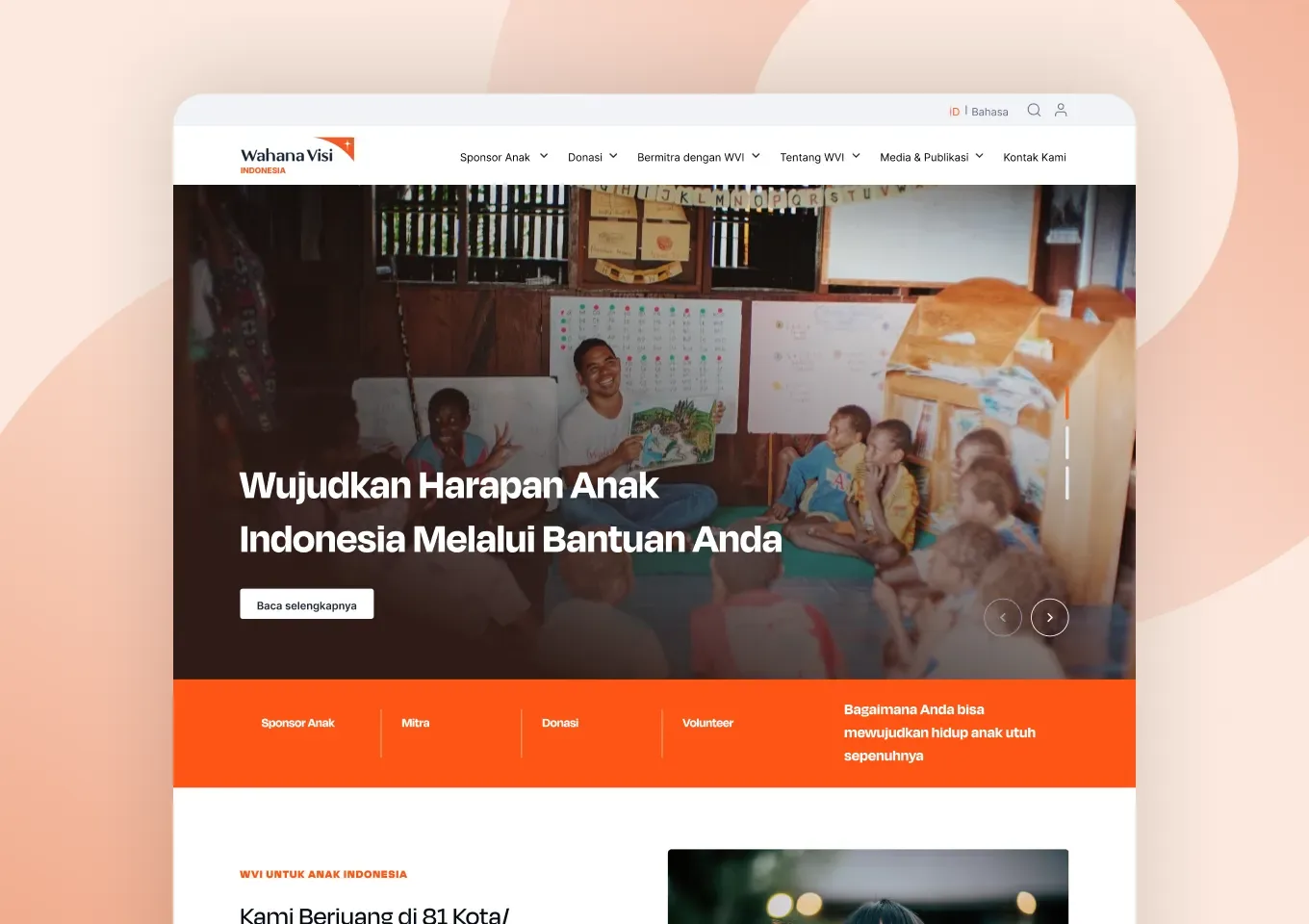 Beranda situs Wahana Visi Indonesia dengan hero dan pintasan sponsor anak, mitra, donasi, dan relawan